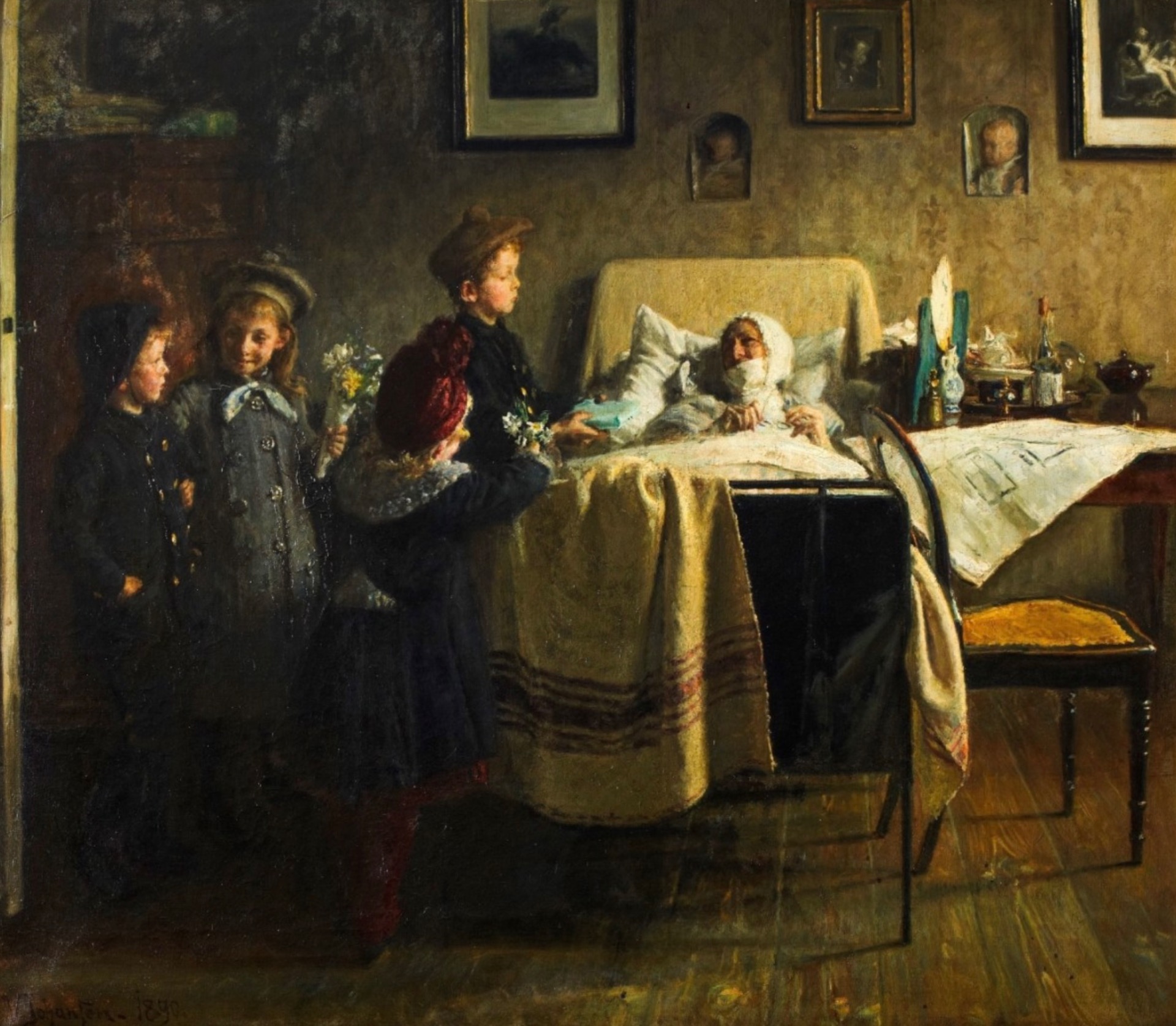 Fig. 25. Viggo Johansen: Bedstemors fødselsdag. Kunstnerens mor og børn, 1890. Tilhører Ordrupgaard.