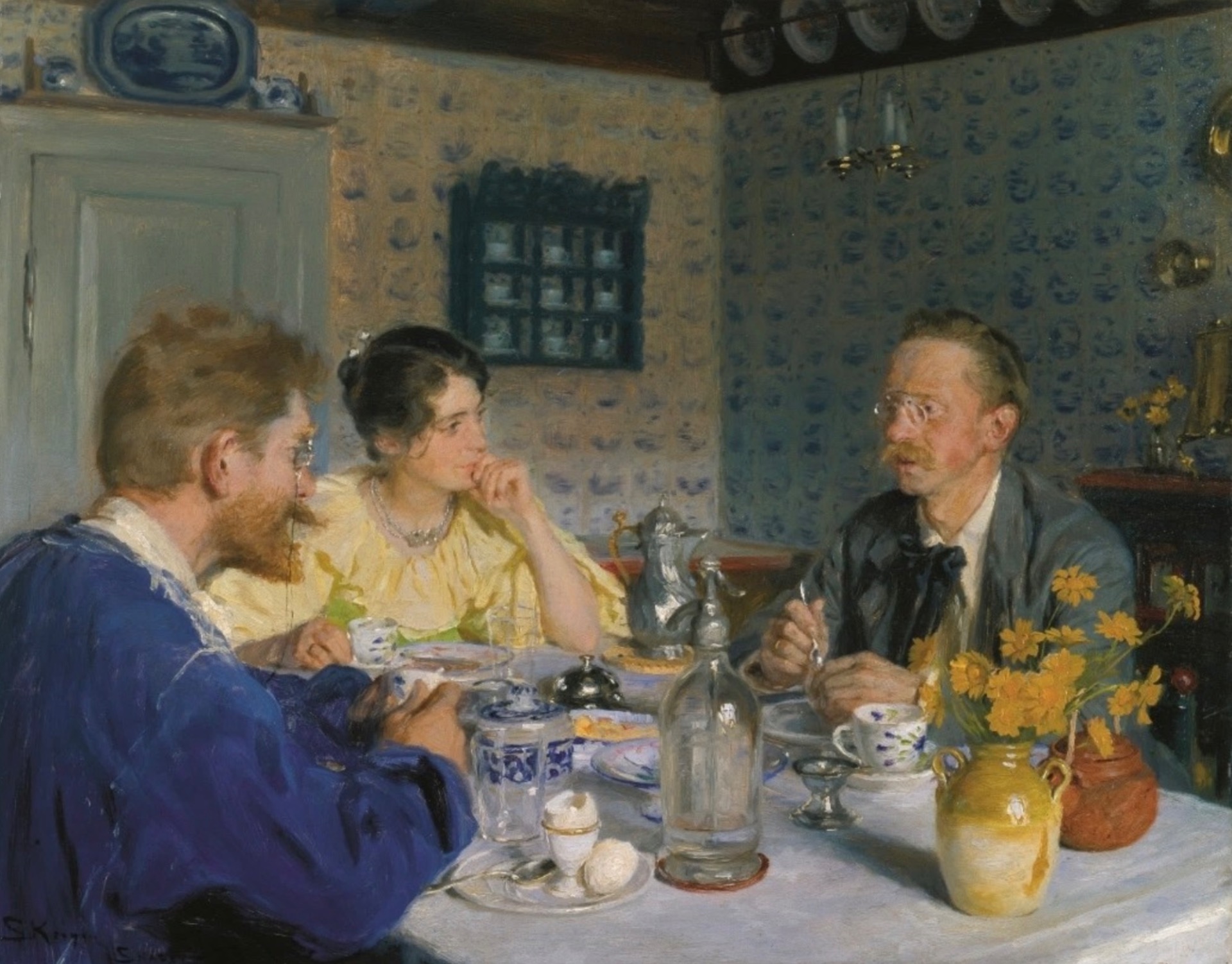 Fig. 27. P. S. Krøyer: Ved frokosten. Kunstneren og hans hustru og Otto Benzon, 1893. Tilhører Den Hirschsprungske Samling.