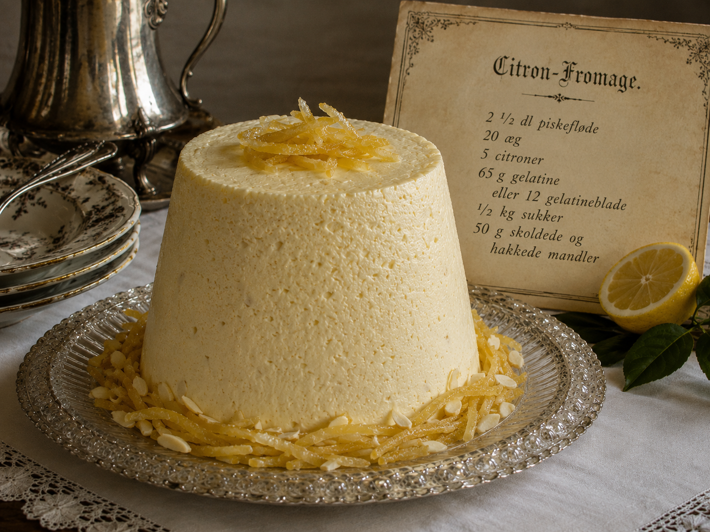 Martha Johansens citronfromage efter original opskrift sælges på udstillingen.